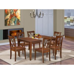 smooth Mahogany finish well-fitted to your dining room. The fresh and clean lines dominate the cutting-edge design of the rectangular table. This kitchen set provides you with subtle and cleanly made dining chairs made out of solid wood with a matching Mahogany finish. This standard table can fit 4 to 8 persons easily. Slender Double X back kitchen chairs finished in Mahogany color with wood seats present fashionable and cozy seating. Made up of hardwood