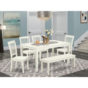 sleek Linen White finish well-fitted to your dining room. The fresh and clean lines dominate the cutting-edge design of the rectangular table. This kitchen set provides you with subtle and cleanly made dining chairs made out of solid wood with a matching Linen White finish. This standard table can fit 4 to 8 persons easily. The eye-catching Danbury dining room chair finished in elegant Buttermilk and Cherry offers a modern look in your dinette space. The Kitchen dining chairs come with a solid wood seat to fit personal preference and perfect design. The Stylish dining chair features curved front legs. The 7 vertical slats give any dining area a touch of class and sophistication. Made up of hardwood