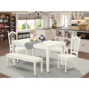 this five-piece dining set  with 2 dining benches brings visual appeal and versatile flair to your well-appointed home. It consists of two chairs and one dining table and two benches all in a single Linen White finish. The table's 4 straight leg support brings a simple and breezy style to any space
