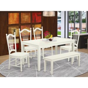 this six-piece dining set  with 1 dining benches brings visual appeal and versatile flair to your well-appointed home. It consists of four chairs and one dining table and one benches all in a single Linen White finish. The table's 4 straight leg support brings a simple and breezy style to any space