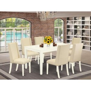 Our small dining table set includes 6 remarkable Dining Chairs and an excellent 4 legs dining room table. The modern dining room table set gives a Linen White solid wood dining room table and body and a wonderful Cream parson dining room chairs seat and high back that bring magnificence to your living area and boost the charm of your amazing dining room. The premium quality of our stunning chairs helps our attractive customers to get relaxation and feel free when getting their meal. This modern dining table created from superior quality rubber wood which can bear the weight of 300 Lbs. Our parson chairs have a wooden structure with a luxury seat of superior quality foam which is covered with Linen Fabric that provides you relaxation with friends or family. This listing has a premium color of Linen White finish for kitchen dining table and Cream parson dining chairs. Our gorgeous premium colors boost the beauty of your living area and give a high-class glance to your living area or dining area. East West furniture usually created from modern furniture along with easy assembling parts. We try to keep our furniture parts innovative as well as simple. Our high class kitchen dining table set is perfect for your lovely dining area as well as the kitchen. You can use it for casual home parties. Keep enjoying East West modern furniture!