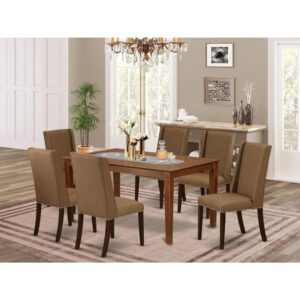 This small dining table set includes 6 incredible parson chairs and an excellent 4 legs dining table. The modern dining table set provides a Mahogany hardwood dining table and frame and a fantastic Brown Beige parson dining room chairs seat and high back that bring magnificence to your dining area and enhance the charm of your awesome living area. The prime quality of our stunning chairs helps our lovely customers to get relaxation and feel free when getting their meal. This dinner table built from good quality rubber wood which can bear the weight of 300 Lbs. Our parson chairs have a wooden structure with a luxury seat of high-quality foam which is covered with Linen Fabric that provides you relaxation with family or friends. This listing has a premium color of Mahogany finish for a modern dining table and Brown Beige parson dining chairs. Our lovely premium colors enhance the beauty of your dining-room and give a magnificent glance to your living area or dining area. East West furniture always manufactured from modern furniture along with easy assembling parts. We try to keep our furniture parts modern as well as simple. Our high-class dinette set is great for your wonderful dining room as well as the kitchen. You can use it for casual home parties. Keep enjoying East West modern furniture!