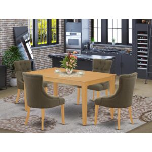 bring this exclusive CAFR5-OAK-20 dinette set includes a rectangular table and four parson chairs. The fresh and clean lines dominate the cutting-edge design of the rectangular dining table. This standard dinette table can fit 4 to 6 persons easily. This amazing kitchen table makes a really good addition for all kitchen space and corresponds all sorts of dining-room concepts. Made up of prime quality rubber wood