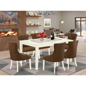 bring this exclusive CAFR7-LWH-18 dinette set includes a rectangular table and six parson chairs. The fresh and clean lines dominate the cutting-edge design of the rectangular dining table. This standard dinette table can fit 4 to 6 persons easily. This amazing kitchen table makes a really good addition for all kitchen space and corresponds all sorts of dining-room concepts. Made up of prime quality rubber wood