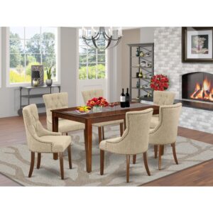 bring this exclusive CAFR7-MAH-05 dinette set includes a rectangular table and six parson chairs. The fresh and clean lines dominate the cutting-edge design of the rectangular dining table. This standard dinette table can fit 4 to 6 persons easily. This amazing kitchen table makes a really good addition for all kitchen space and corresponds all sorts of dining-room concepts. Made up of prime quality rubber wood