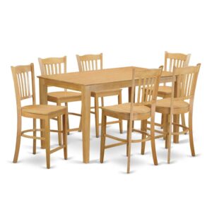 Add charm to your kitchen or dining space with our contemporary top quality Rubberwood Counter Height set designed for long-lasting use. This Counter Height set comes in a rich Oak finish. This unique high-class Counter height setincludes 1 dining table and six armless dinette chairs. The table comes with a Bevel-shaped top with four legs at each corner and without leaf. Each chair has four legs at each corner linked together and comes with an exclusively simple wooden surface. The whole set is a combination of simpleness and modern style. It’s very easy to preserve and can readily blend with many decorations.