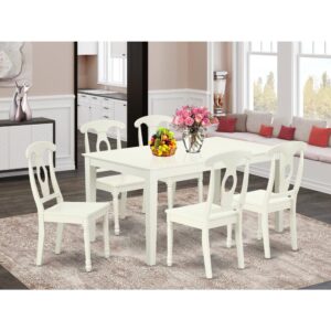 sleek Linen White finish well-fitted to your dining room. The fresh and clean lines dominate the cutting-edge design of the rectangular table. This kitchen set provides you with subtle and cleanly made dining chairs made out of solid wood with a matching Linen White finish. This standard table can fit 4 to 8 persons easily. The Dining Chair finished in Linen White color combined with solid wooden seat. Dining room chair’s antique design will harmonize with your dining room and make certain that meals are always filled with enjoyment. Made up of hardwood