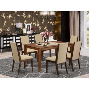 This kitchen set includes 6 remarkable Dining Chairs and a fantastic 4 legs wood dining table. The modern dining room set gives a Mahogany hardwood kitchen dining table and frame and an awesome Light Tan upholstered dining chairs seat and high back that bring magnificence to your dining-room and enhance the charm of your excellent dining area. The good quality of our amazing chairs helps our wonderful customers to get relaxation and feel free when getting their meal. This small rectangular table built from prime quality rubber wood which can bear the weight of 300 Lbs. Our chairs have a wooden frame with a luxury seat of high-quality foam which is covered with Linen Fabric that delivers you relaxation with friends or family. This listing has a premium color of mahogany finish for dining room table and Light Tan finish of dining room chairs. Our attractive premium colors improve the beauty of your dining-room and give a luxurious glance to your dining area or dining area. East West furniture usually built from modern furniture along with easy assembling parts. We try to keep our furniture parts innovative as well as simple. Our high class dining room table set is great for your gorgeous living area as well as the kitchen. You can use it for casual home parties. Keep enjoying East West modern furniture!