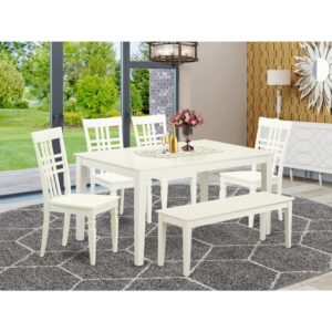 this seven-piece dining set brings visual appeal and versatile flair to your well-appointed home. It consists of four chairs and one dining table and one bench all in a single Linen White finish. The table's 4 straight leg support brings a simple and breezy style to any space