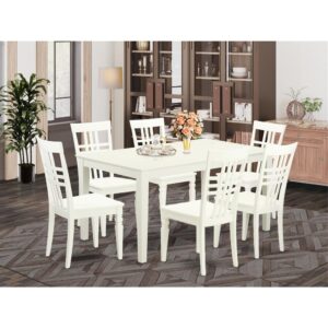 this seven-piece dining set brings visual appeal and versatile flair to your well-appointed home. It consists of six chairs and one dining table all in a single Linen White finish. The table's 4 straight leg support brings a simple and breezy style to any space