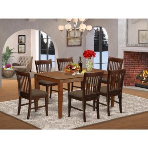 innovative look. Rectangular dining table along with four straight legs for the clean and advanced contemporary style.Kitchen dining chairs combined with very relaxing slatted back compliment dinette Attractive dinette set constructed from good quality Asian. Finished in a distinctive and glamorous Mahogany with the option chairs seats in either solid wood or cushion to accommodate desire and desired design and style