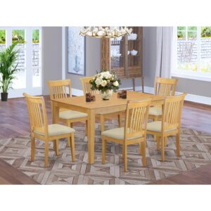 this seven-piece dining set brings visual appeal and versatile flair to your well-appointed home. It consists of six chairs and one dining table all in a single Oak finish. The table's 4 straight leg support brings a simple and breezy style to any space