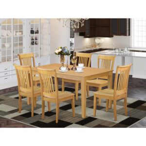 this seven-piece dining set brings visual appeal and versatile flair to your well-appointed home. It consists of six chairs and one dining table all in a single Oak finish. The table's 4 straight leg support brings a simple and breezy style to any space
