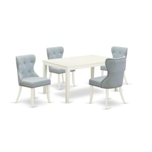 East West Furniture CASI5-LWH-15 of 4-piece parson chairs with Linen Fabric Baby Blue color and a wonderful rectangle wooden dining table with Linen White color