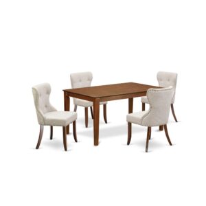 East West Furniture CASI5-MAH-35 of 4-piece kitchen dining chairs with Linen Fabric Doeskin color and a wonderful dinner table with Mahogany color.