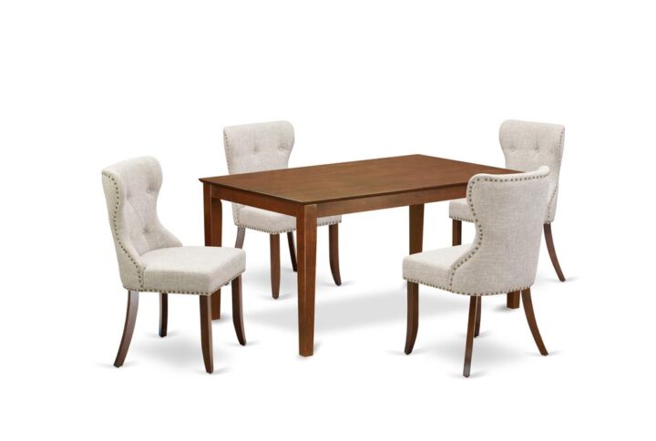 East West Furniture CASI5-MAH-35 of 4-piece kitchen dining chairs with Linen Fabric Doeskin color and a wonderful dinner table with Mahogany color.