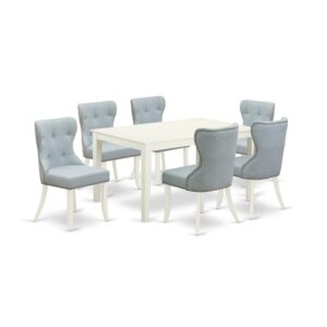 East West Furniture CASI7-LWH-15 of six-piece parson dining chairs with Linen Fabric Baby Blue color and an attractive rectangle wooden dining table with Linen White color