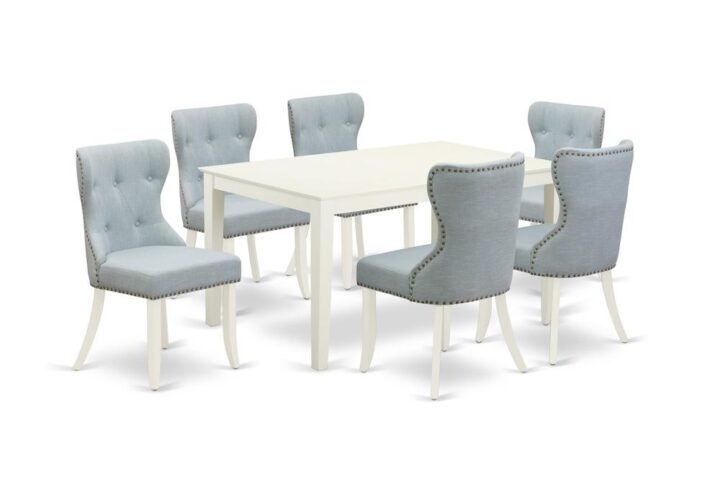 East West Furniture CASI7-LWH-15 of six-piece parson dining chairs with Linen Fabric Baby Blue color and an attractive rectangle wooden dining table with Linen White color