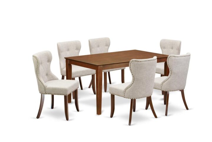 East West Furniture CASI7-MAH-35 of six-piece dining chairs with Linen Fabric Doeskin color and a delightful rectangle wooden table with Mahogany color.