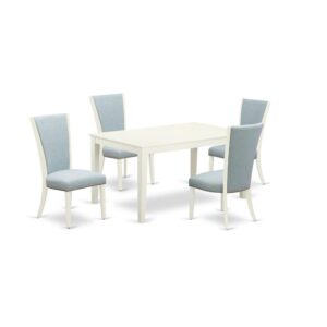 East West Furniture CAVE5-LWH-15 of 4-piece dining room chairs with Linen Fabric Baby Blue color and a delightful rectangle dining table with Linen White color