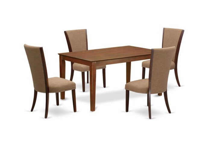 East West Furniture CAVE5-MAH-47 of four-piece dining room chairs with Linen Fabric Light Sable color and a wonderful rectangle kitchen table with Mahogany color.