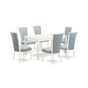 East West Furniture CAVE7-LWH-15 of six-piece kitchen chairs with Linen Fabric Baby Blue color and a delightful wood kitchen table with Linen White color