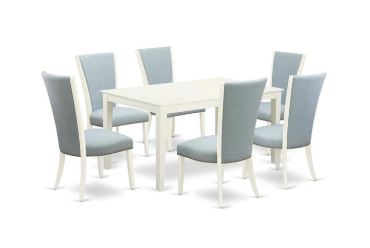 East West Furniture CAVE7-LWH-15 of six-piece kitchen chairs with Linen Fabric Baby Blue color and a delightful wood kitchen table with Linen White color