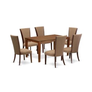 East West Furniture CAVE7-MAH-47 of six-piece kitchen chairs with Linen Fabric Light Sable color and an eye-catching rectangle dining room table with Mahogany color.