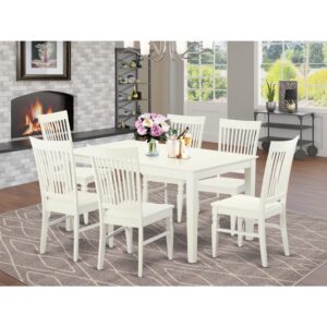this seven-piece dining set brings visual appeal and versatile flair to your well-appointed home. It consists of six chairs and one dining table all in a single Linen White finish. The table's 4 straight leg support brings a simple and breezy style to any space