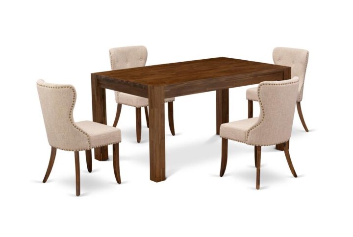 EAST WEST FURNITURE 5-Pc DINING ROOM TABLE SET- 4 AMAZING PARSON CHAIRS AND 1 RECTANGULAR DINING TABLE