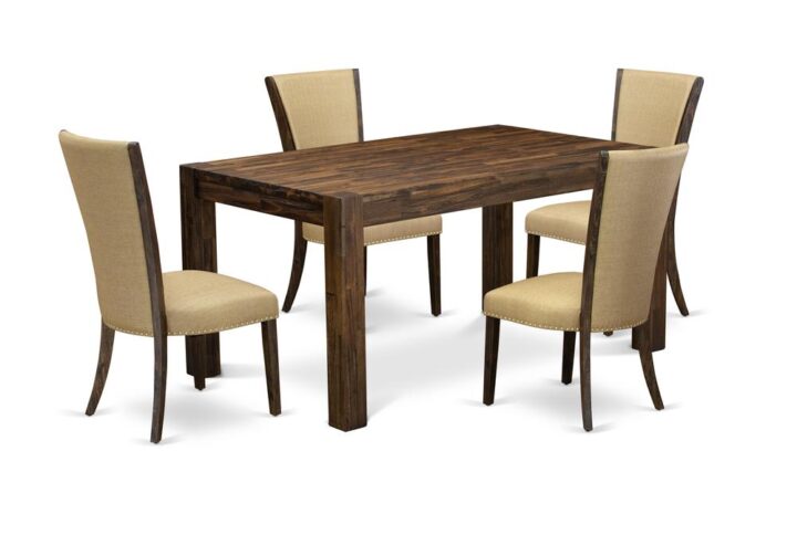 Introducing East West furniture's innovative Celina furniture set that can turn your house into a home. This distinctive and cutting edge kitchen set includes a dining table combined with Upholstered Dining Chairs. Impressive wood texture with Distressed Jacobean color and the rectangular shape design specifies the strength and durability of the kitchen table. The ideal dimensions of this dining table set made it quite simple to carry