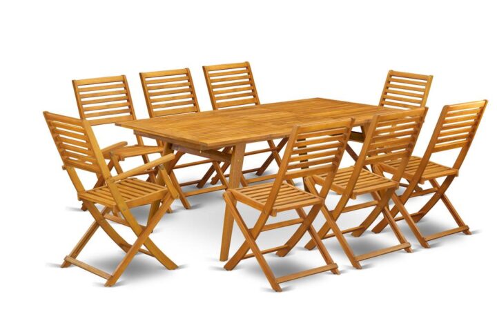 EAST WEST FURNITURE 9-PIECE OUTDOOR DINING TABLE SET- 8 AWESOME ARM CHAIRS AND RECTANGULAR PATIO TABLE