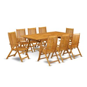 EAST WEST FURNITURE 9-PIECE OUTDOOR PATIO SET- 8 AWESOME FOLDABLE ARM CHAIRS AND RECTANGULAR OUTDOOR DINING TABLE