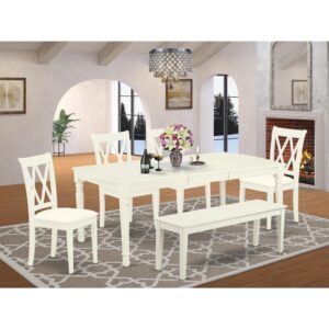 four dining chairs and a bench. The dining table can fit maximum of 8 people in the dining area. The table's 4 straight leg support brings a simple and breezy style to any space