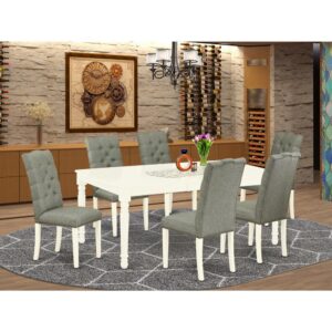 This kitchen set includes 6 amazing upholstered dining chairs and a wonderful 4 legs modern dining table. The modern dinette set gives a Linen White solid wood dining table and structure and a wonderful Smoke parson dining chairs seat and high back that bring elegance to your dining area and boost the charm of your fantastic dining area. The good quality of our gorgeous chairs helps our beautiful customers to get relaxation and feel free when getting their meal. This butterfly leaf dining table created from good quality rubber wood which can bear the weight of 300 Lbs. Our upholstered dining chairs have a wooden structure with a luxury seat of good quality foam which is covered with Linen Fabric that delivers you relax with family or friends. This listing has a premium color of Linen White finish for dining table and Smoke finish of parson chairs. Our lovely premium colors increase the beauty of your living area and provide a high-class glance to your dining area or dining area. East West Furniture always built from modern furniture along with easy assembling parts. We try to keep our furniture parts modern as well as simple. Our high-class kitchen table set is great for your gorgeous dining area as well as the kitchen. You can use it for casual home parties. Keep enjoying East West modern furniture!
