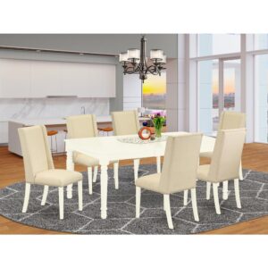 This rectangular dining table set includes 6 awesome Padded Parson Chairs and an excellent 4 legs dinette table. The modern kitchen dining table set gives a Linen White hardwood rectangle table and frame and an awesome Cream parson chairs seat and high back that bring elegance to your dining area and enhance the charm of your good living area. The high quality of our stunning chairs helps our attractive customers to get relaxation and feel free when getting their meal. This butterfly leaf dining table created from premium quality rubber wood which can bear the weight of 300 Lbs. Our parson dining chairs have a wooden structure with a luxury seat of good quality foam which is covered with Linen Fabric that provides you relaxation with friends or family. This listing has a premium color of Linen White finish for kitchen table and Cream finish dining room chairs. Our stunning premium colors boost the beauty of your living area and offer a high-class glance to your living area or dining area. East West Furniture always built from modern furniture along with easy assembling parts. We try to keep our furniture parts innovative as well as simple. Our high-class small dining table set is perfect for your amazing living area as well as the kitchen. You can use it for casual home parties. Keep enjoying East West modern furniture!