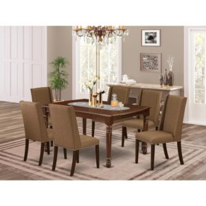 This dining room table set includes 6 awesome Dining Chairs and an awesome 4 legs dining table. The modern rectangular dining table set delivers a Mahogany solid wood dining room table and frame and a fantastic Brown Beige parson chairs seat and high back that brings elegance to your dining-room and boost the charm of your amazing living area. The superior quality of our gorgeous chairs helps our wonderful customers to get relaxation and feel free when getting their meal. This small dining table built from top quality rubber wood which can bear the weight of 300 Lbs. Our Dining Chairs have a wooden frame with a luxury seat of high-quality foam which is covered with Linen Fabric that gives you relaxation with family or friends. This listing has a premium color of Mahogany finish for small rectangular table and Brown Beige finishes 6-piece of upholstered dining chairs. Our amazing premium colors increase the beauty of your dining area and give a high-class look to your dining area or dining area. East West furniture usually created from modern furniture along with easy assembling parts. We try to keep our furniture parts modern as well as simple. Our high-class kitchen dining table set is ideal for your gorgeous dining area as well as the kitchen. You can use it for casual home parties. Keep enjoying East West modern furniture!