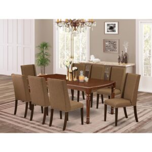 Our dining set includes 8 awesome upholstered dining chairs and a great 4 legs modern dining table. The modern dining room table set delivers a Mahogany solid wood dining table and frame and an awesome Brown Beige parson chair seat and high back that bring magnificence to your living area and boost the elegance of your fantastic living area. The premium quality of our lovely chairs helps our attractive customers to get relaxation and feel free when getting their meal. This dinner table created from high quality rubber wood which can bear the weight of 300 Lbs. Our parsons dining chairs have a wooden structure with a luxury seat of prime quality foam which is covered with Linen Fabric that delivers you relaxation with family or friends. This listing has a premium color of Mahogany finish for small rectangular table and Brown Beige finish 8-piece of 8 parson’s chairs. Our attractive premium colors boost the beauty of your living area and provide a luxurious glance to your dining area or dining area. East West furniture always manufactured from modern furniture along with easy assembling parts. We try to keep our furniture parts modern as well as simple. Our high class dining set is perfect for your attractive living area as well as the kitchen. You can use it for casual home parties. Keep enjoying East West modern furniture!