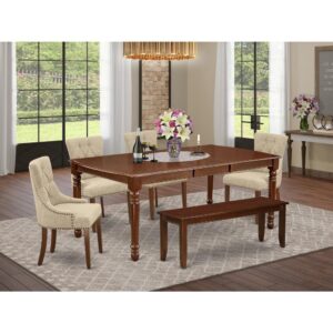 four parson chairs and a bench. The dining table can fit maximum of 8 people in the dining area. The table's 4 straight leg support brings a simple and breezy style to any space