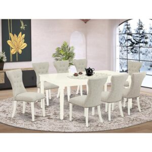 Our dining table set includes 8 amazing parson chairs and an incredible 4 legs dining table. The modern dinette set provides a Linen White hardwood dinette table and structure and a wonderful Doeskin parson chairs seat and high back that bring magnificence to your dining area and enhance the elegance of your fantastic dining area. The premium quality of our gorgeous chairs helps our attractive customers to get relaxation and feel free when getting their meal. This butterfly leaf table constructed from prime quality rubber wood which can bear the weight of 300 Lbs. Our upholstered dining chairs have a wooden frame with a luxury seat of high-quality foam which is covered with Linen Fabric that offers you relaxation with friends or family. This listing has a premium color of Linen White finish for dining room table and Doeskin finish of 8 parson chairs. Our gorgeous premium colors increase the beauty of your dining area and give a high-class appear to your dining area or dining area. East West furniture always built from modern furniture along with easy assembling parts. We try to keep our furniture parts modern as well as simple. Our high class small dining table set is great for your lovely living area as well as the kitchen. You can use it for casual home parties. Keep enjoying East West modern furniture!