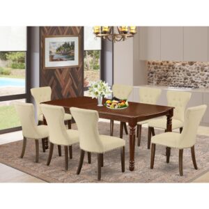 This kitchen table set includes 8 amazing parson chairs and a fantastic 4 legs dining table. The modern kitchen table set delivers a Mahogany hardwood dinette table and frame and a great Light Beige parson chairs seat and high back that brings elegance to your dining room and enhance the elegance of your great dining room. The prime quality of our stunning chairs helps our beautiful customers to get relaxation and feel free when getting their meal. This wood butterfly leaf table built from high-quality rubber wood which can bear the weight of 300 Lbs. Our parson chairs have a wooden frame with a luxury seat of prime quality foam which is covered with Linen Fabric that offers you relaxation with family or friends. This listing has a premium color of Mahogany finish for kitchen dining table and Light Beige finish of upholstered dining chairs. Our wonderful premium colors enhance the beauty of your dining area and offer a magnificent look to your dining area or dining area. East West Furniture always built from modern furniture along with easy assembling parts. We try to keep our furniture parts modern as well as simple. Our high-class modern dining table set is ideal for your amazing dining area as well as the kitchen. You can use it for casual home parties. Keep enjoying East West modern furniture!