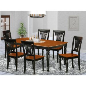 this kitchen table set has 6 chairs with wood seats. It is completed with a leveled table top. The dining table can fit a maximum of 8 people in a dining area. The dining set boasts a two-toned Black & Cherry color that comes across as an effective additional color to your dining space given its attractive color on the seats. The table's 4 straight leg support brings a simple and breezy style to any space