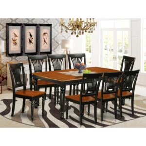 this kitchen table set has 8 chairs with wood seats. It is completed with a leveled table top. The dining table can fit a maximum of 8 people in a dining area. The dining set boasts a two-toned Black & Cherry color that comes across as an effective additional color to your dining space given its attractive color on the seats. The table's 4 straight leg support brings a simple and breezy style to any space