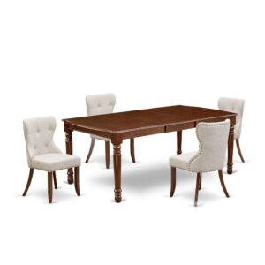 East West Furniture DOSI5-MAH-35 of four-piece parson chairs with Linen Fabric Doeskin color and a beautiful wood kitchen table with Mahogany color.