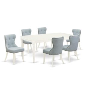 East West Furniture DOSI7-LWH-15 of six-piece parson chairs with Linen Fabric Baby Blue color and a gorgeous dinner table with Linen White color