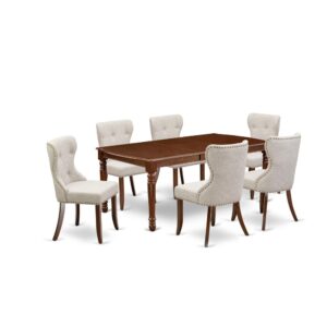 East West Furniture DOSI7-MAH-35 of six pieces of kitchen dining chairs with Linen Fabric Doeskin color and an attractive two-side 18 butterfly rectangle dining room table with Mahogany color.