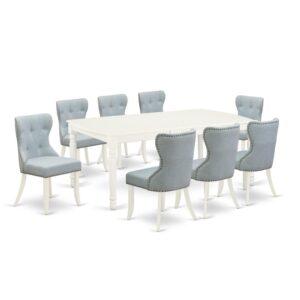East West Furniture DOSI9-LWH-15 of eight-piece indoor dining chairs with Linen Fabric Baby Blue color and a wonderful wooden dining table with Linen White color