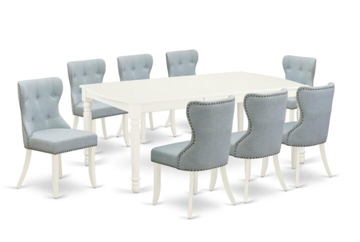 East West Furniture DOSI9-LWH-15 of eight-piece indoor dining chairs with Linen Fabric Baby Blue color and a wonderful wooden dining table with Linen White color