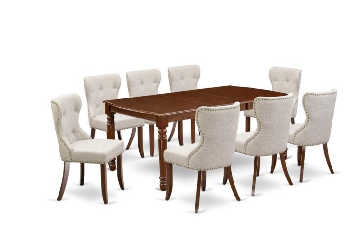 East West Furniture DOSI9-MAH-35 of eight-piece parson dining chairs with Linen Fabric Doeskin color and a beautiful two-side 18 butterfly rectangle kitchen table with Mahogany color.