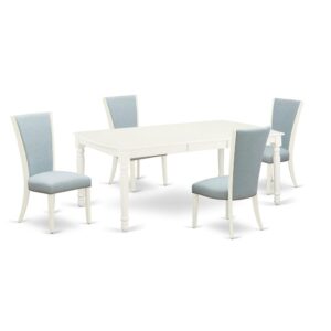 East West Furniture DOVE5-LWH-15 of four-piece indoor dining chairs with Linen Fabric Baby Blue color and a stunning two-side 18 butterfly rectangle kitchen table with Linen White color